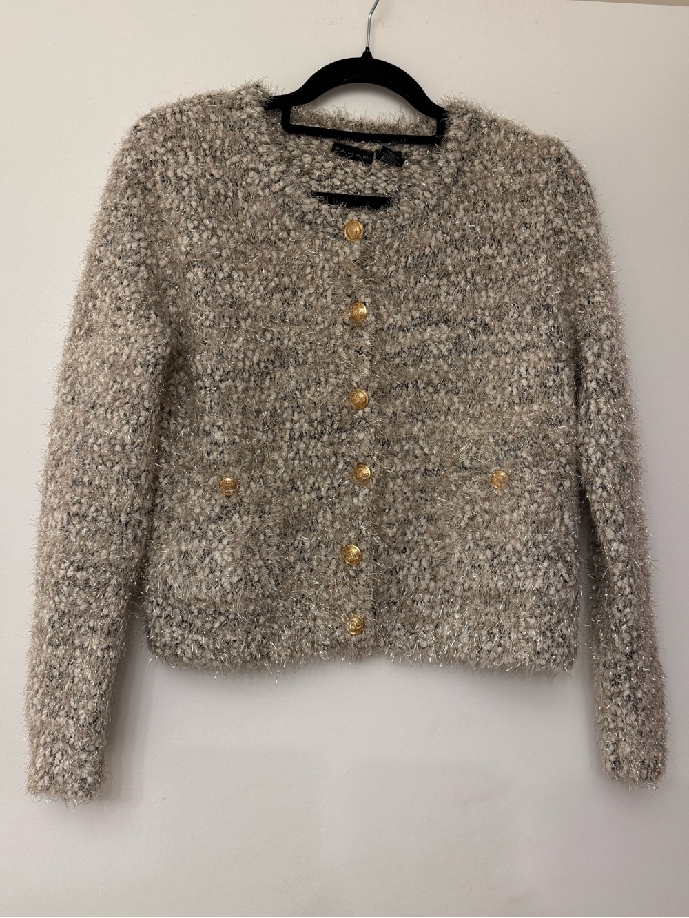 NWOT Tahari Metallic Eyelash Tweed Cardigan Jacket Gold Buttons L’AGENCE Style
